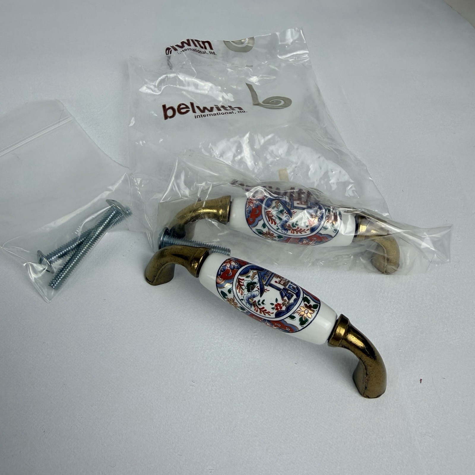 VTG Belwith Drawer Cabinet Pulls Procelain Brass Asian Japan Gold Set of 2 NEW