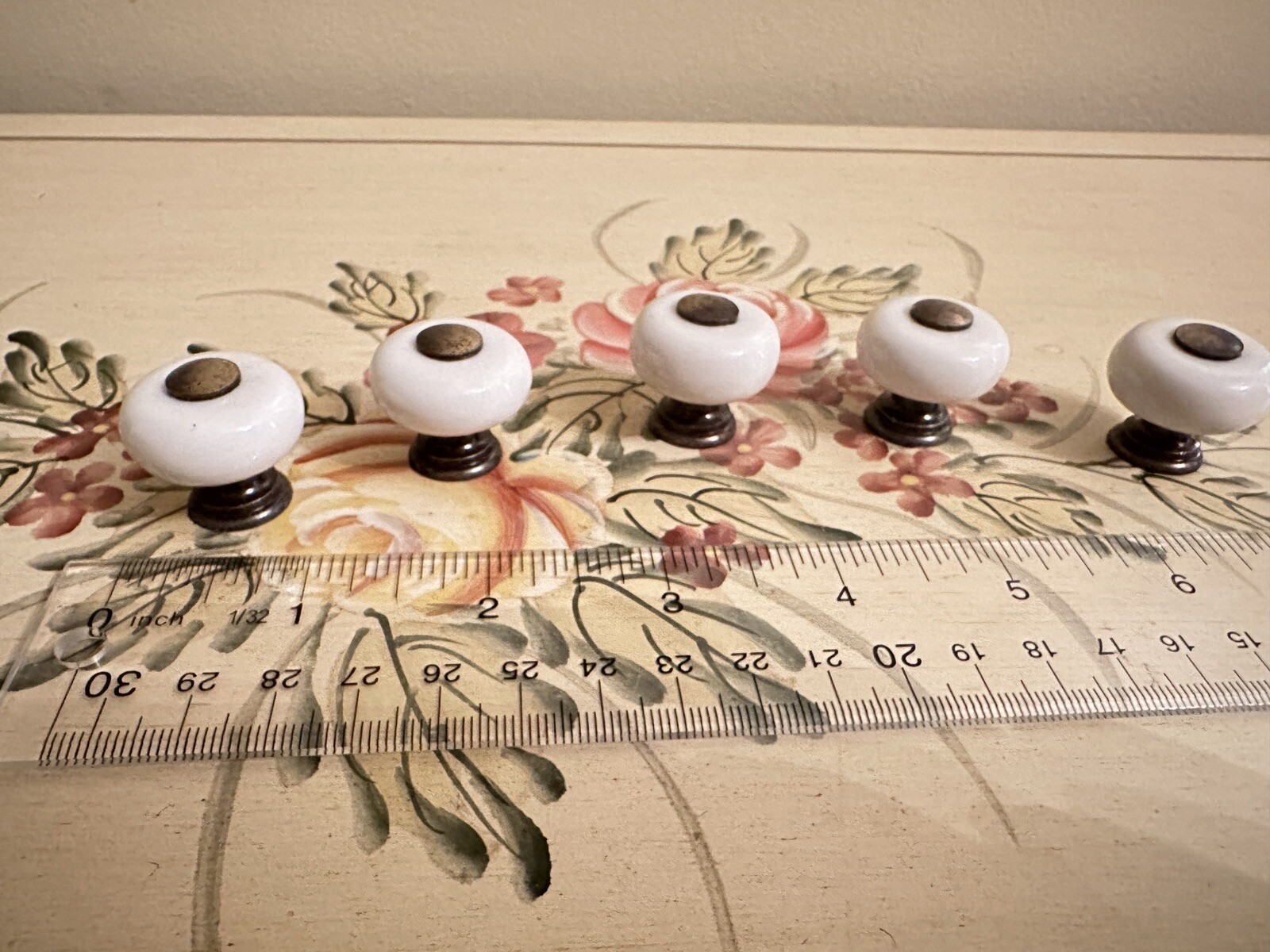 Set of 5 Vintage White Porcelain & Brass Knobs/Pulls~Attic Find~Mushroom Shaped