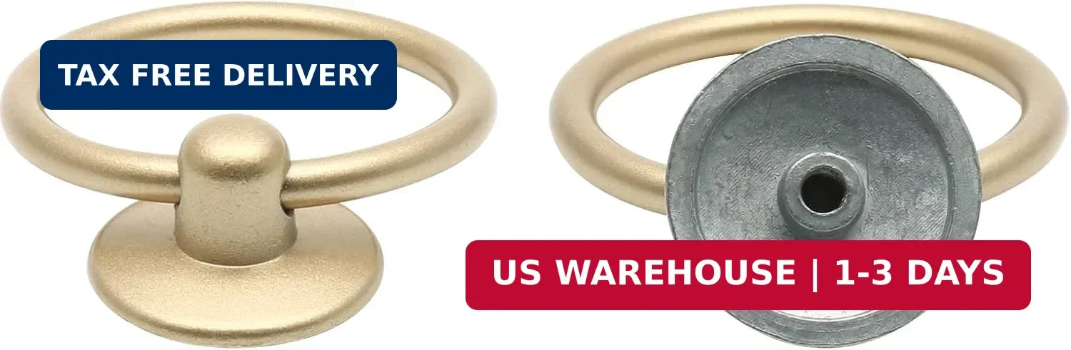 5Pcs Gold Ring Drawer Pulls, Brass Cabinet Ring Handles Drop Knobs Single Hole D
