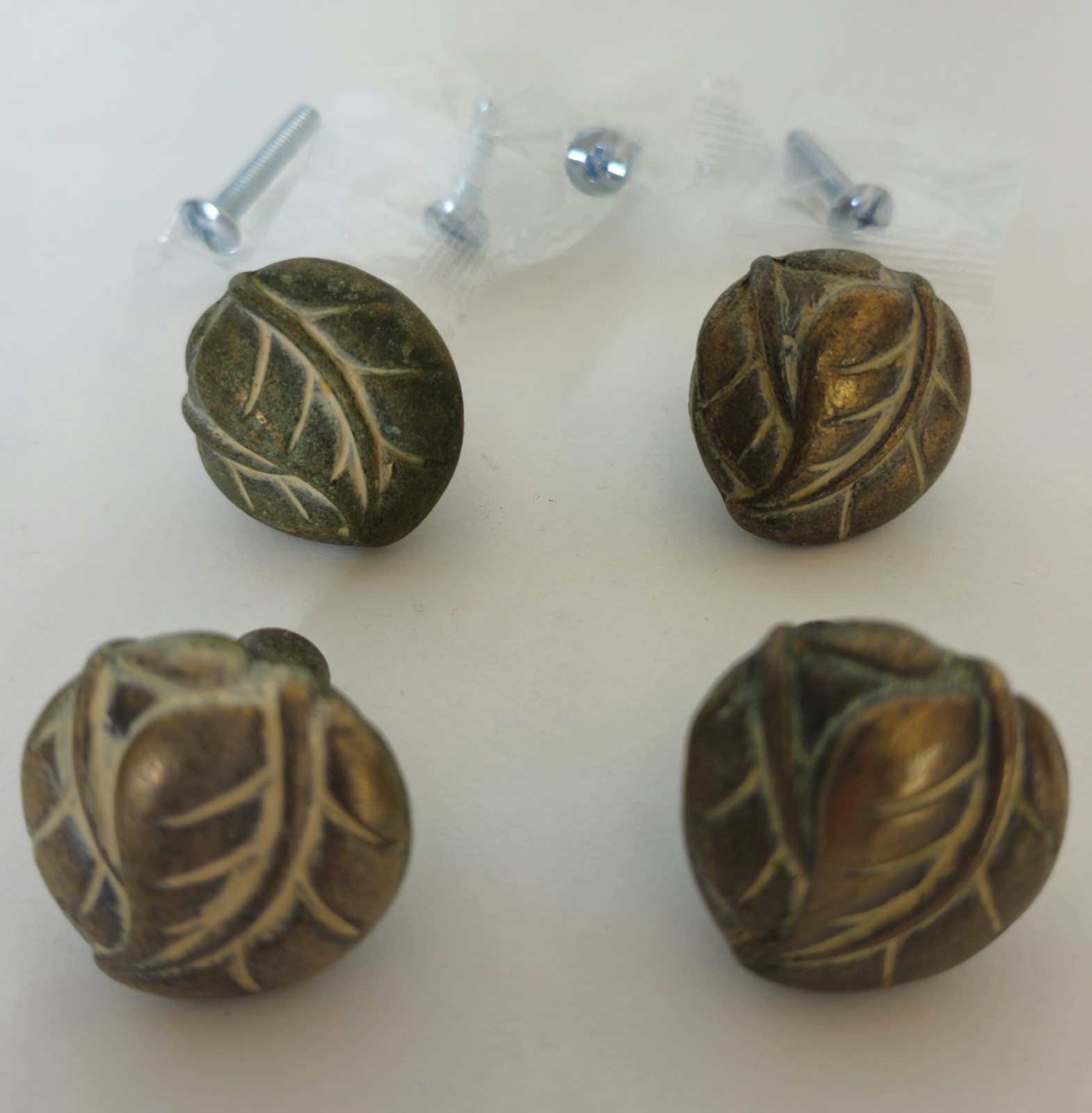 Vintage Keeler Brass Co. KBC Solid Brass Leaf Drawer Cabinet Knob Pull Set Of 4