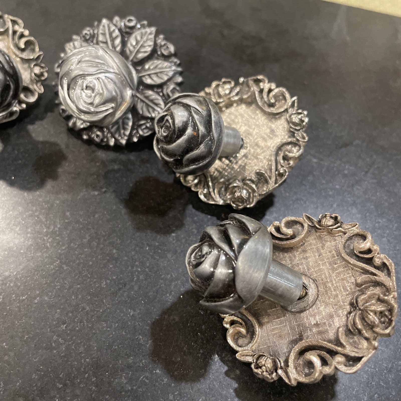 (5) Vtg French Provincial Drawer Dresser Knob Pull Metal Floral Rose 3D Design