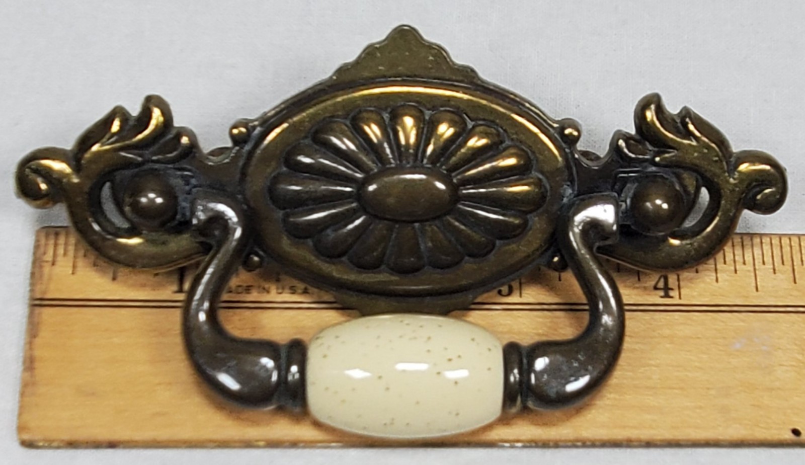 Vintage Brass Drawer Pull With Beige Ceramic Center Bead 2 1/4″ OC