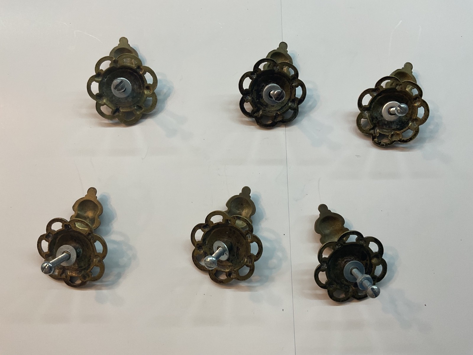 Set of 6 Antique Vintage Brass Teardrop Drop Pulls Ornate Scalloped