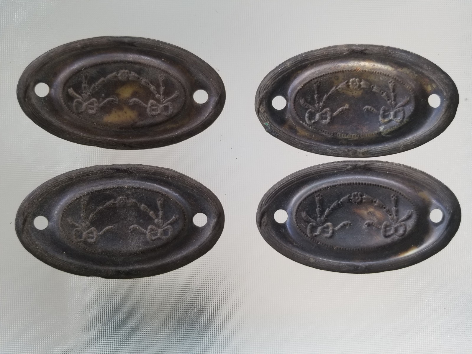4 French Ribbon Back Plates Drawer Pulls Handles Reclaimed Furniture Hardware
