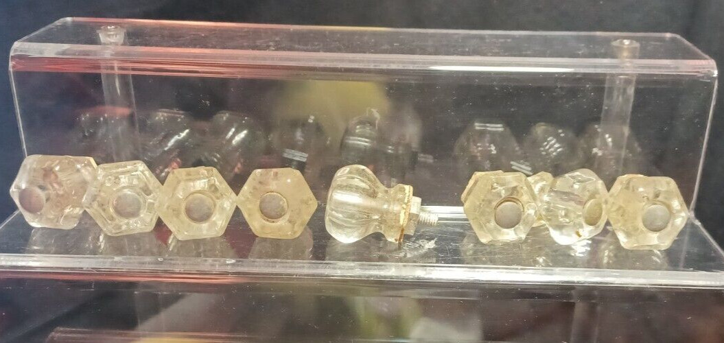 8 Vtg Antique Clear Glass Hexagon Dresser Drawer Cabinet Pulls Knob 1 ” Knobs