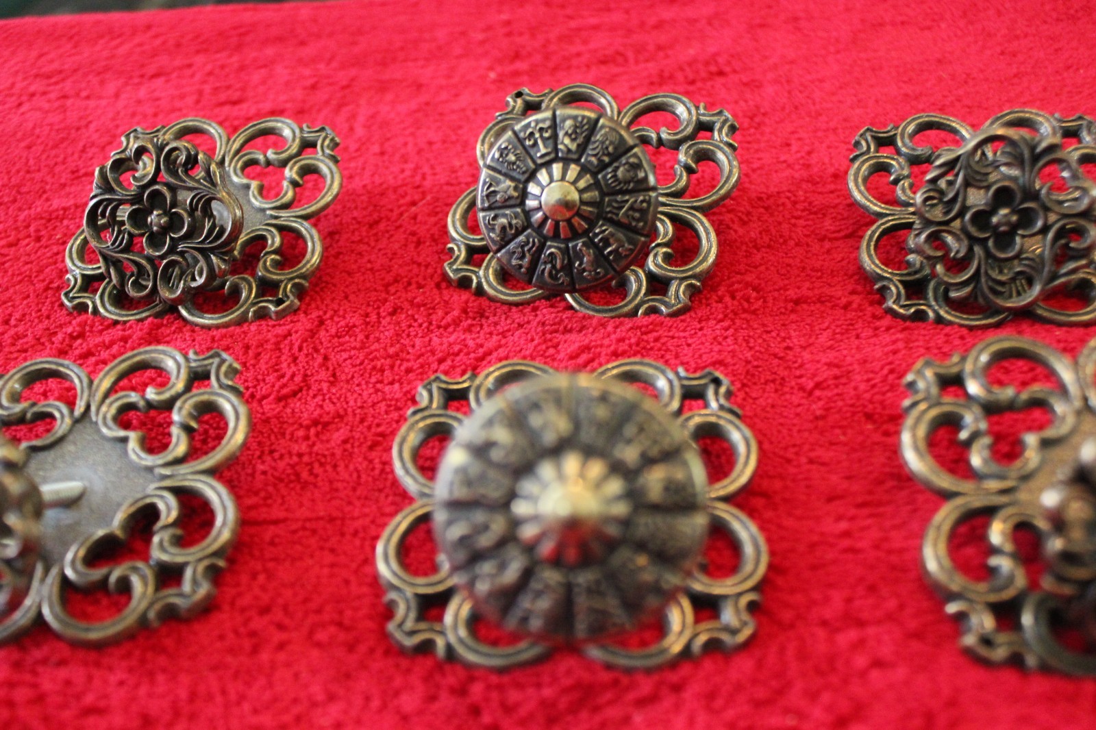 Six Mid Century Ajax Drawer Pulls and Back Plates Two are Zodiak Pulls