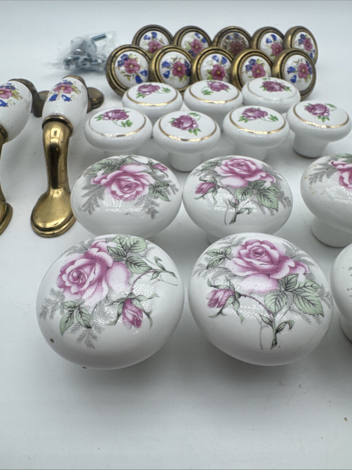 Vintage Floral Ceramic Drawer Knobs Pink Blue Flowers Lot of 25