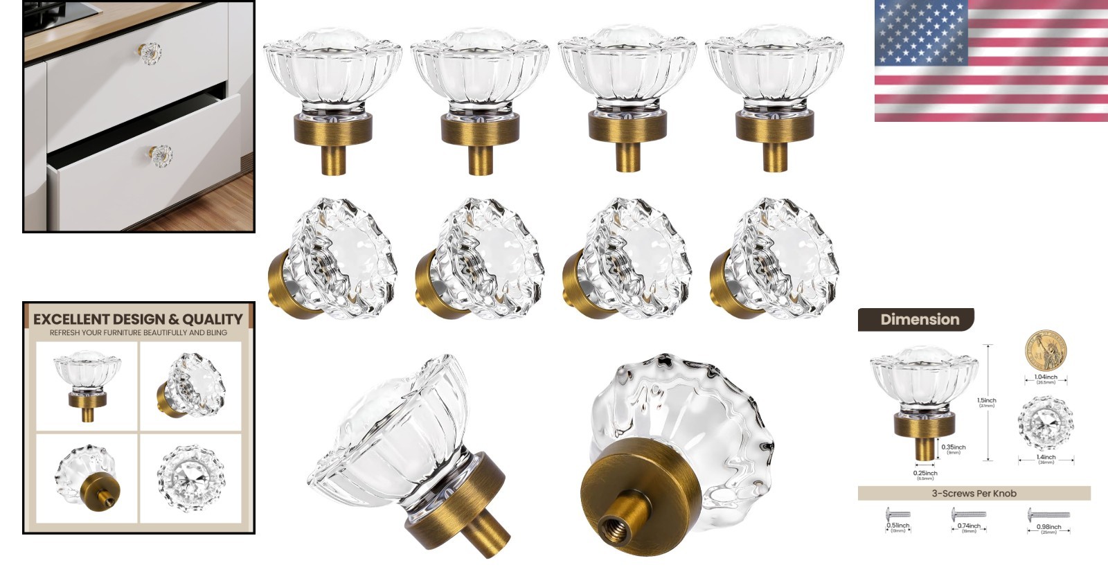Elegant 8 Pack Antique Brass Glass Cabinet Knobs – Vintage Crystal Design