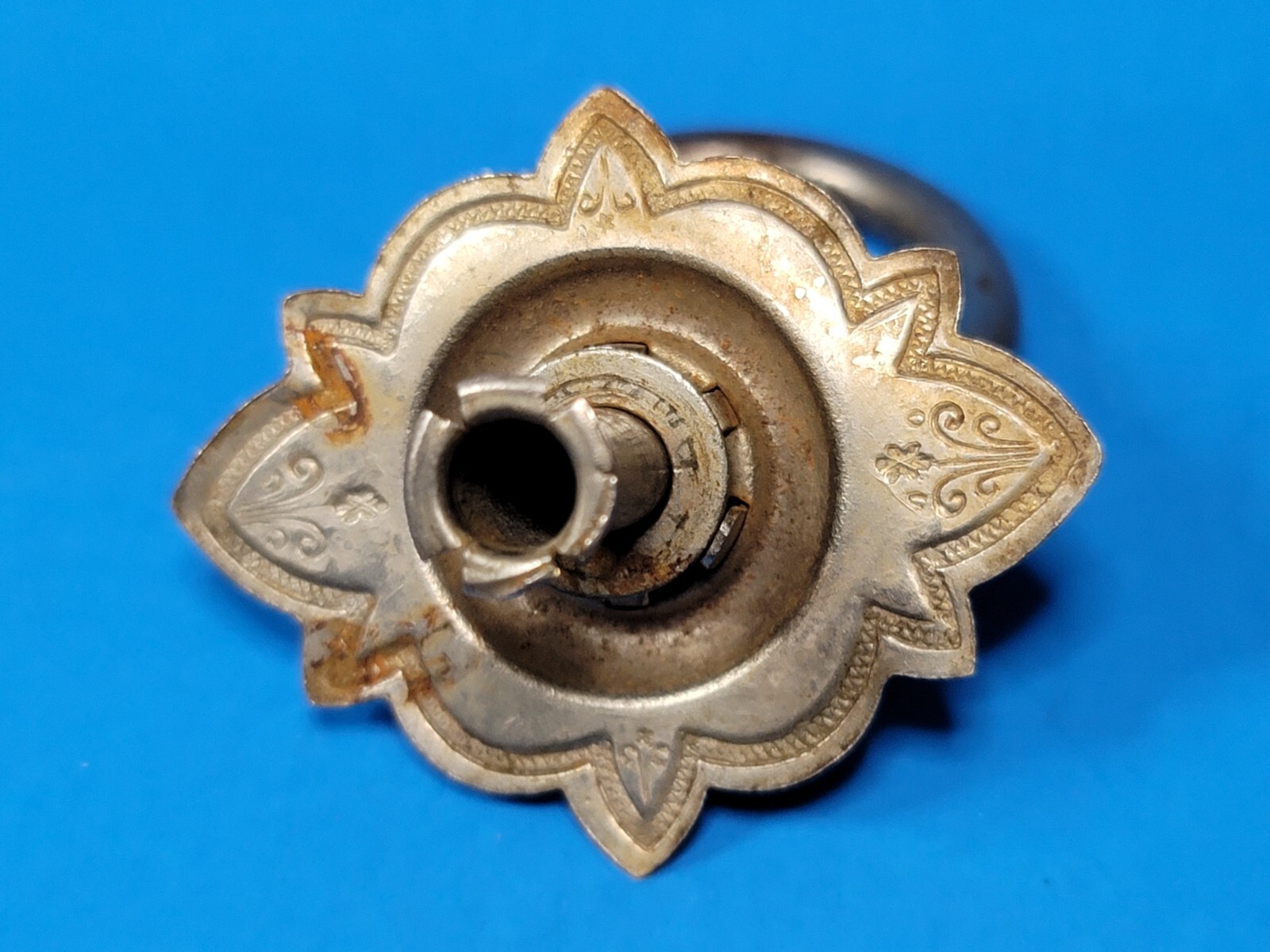 Drawer Pull Drop Ring Ornate Nickel Brass Floral Pattern Vintage