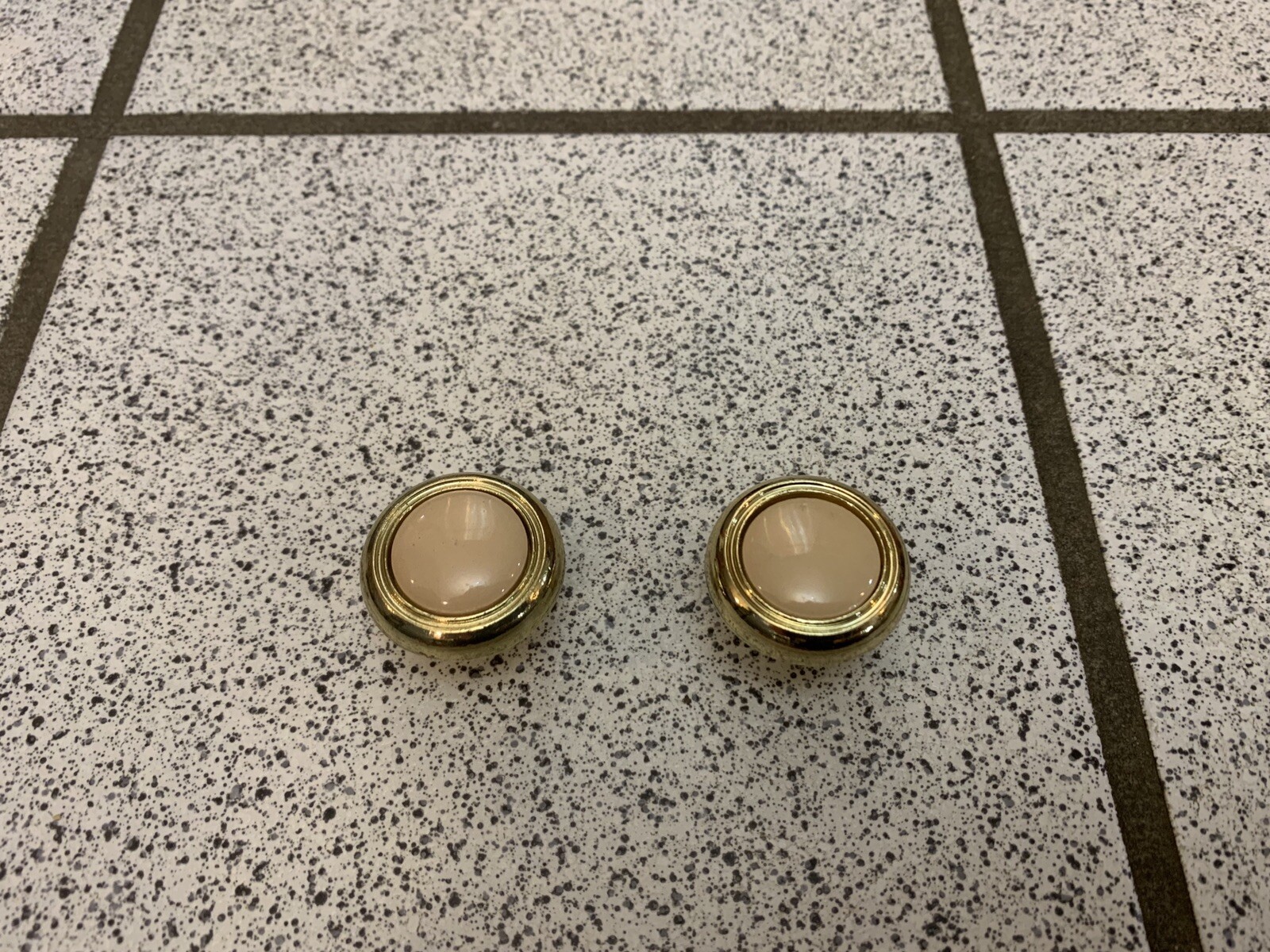 2 Knobs Beige Ceramic Brass Round Pulls Cabinet Drawer Heavy Mid Century Vintage