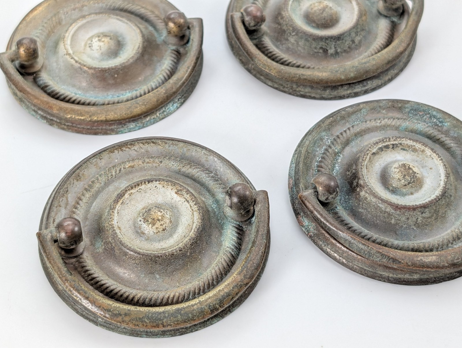 Set of 4 Antique Brass Ring Drawer Pulls A202 Colonial Revival Roping 1.75″