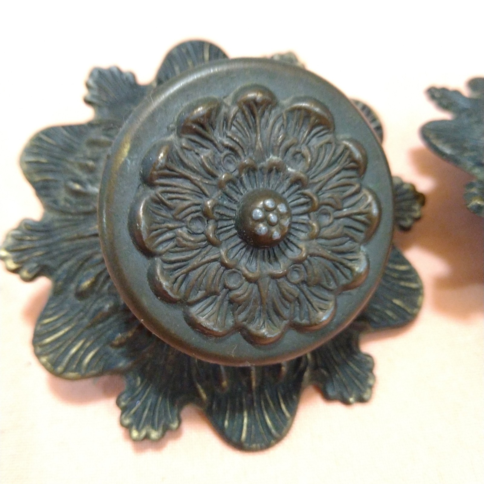 M.C. Co Victorian Cottage Embossed Round Knobs Draw Pulls & Backplates Lot Of 2