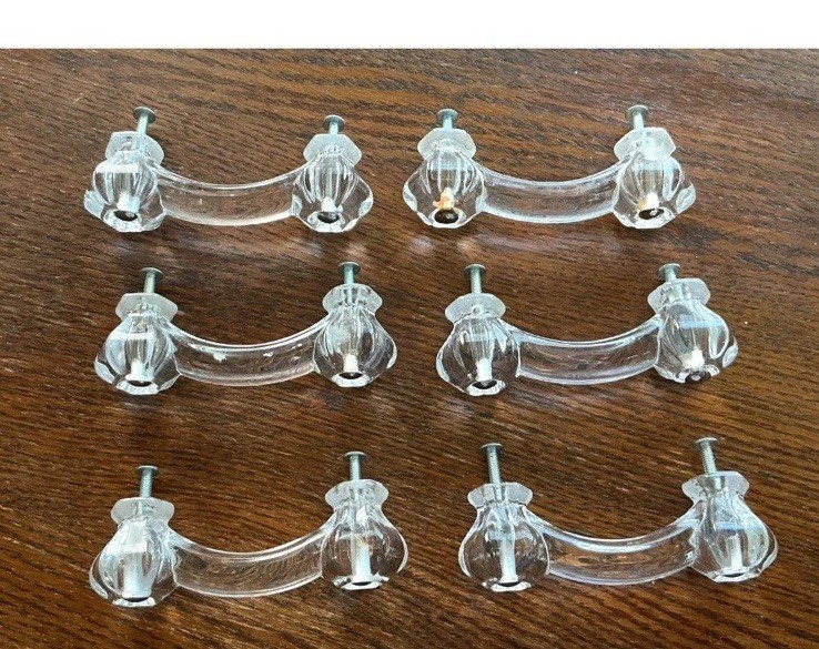 Hexagon Curved Clear Glass Drawer Handles Pulls 3” Centers Screws Set of 6 New