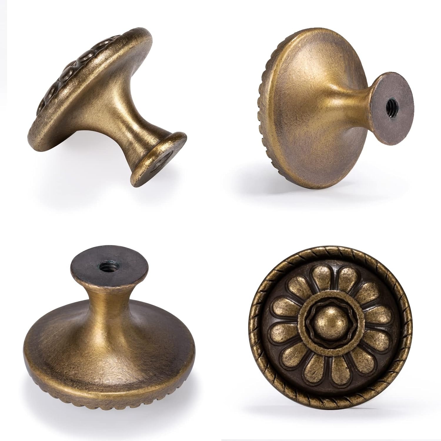10 Pack Antique Brass Cabinet Knobs, Vintage Retro Drawer Knobs, Solid round …