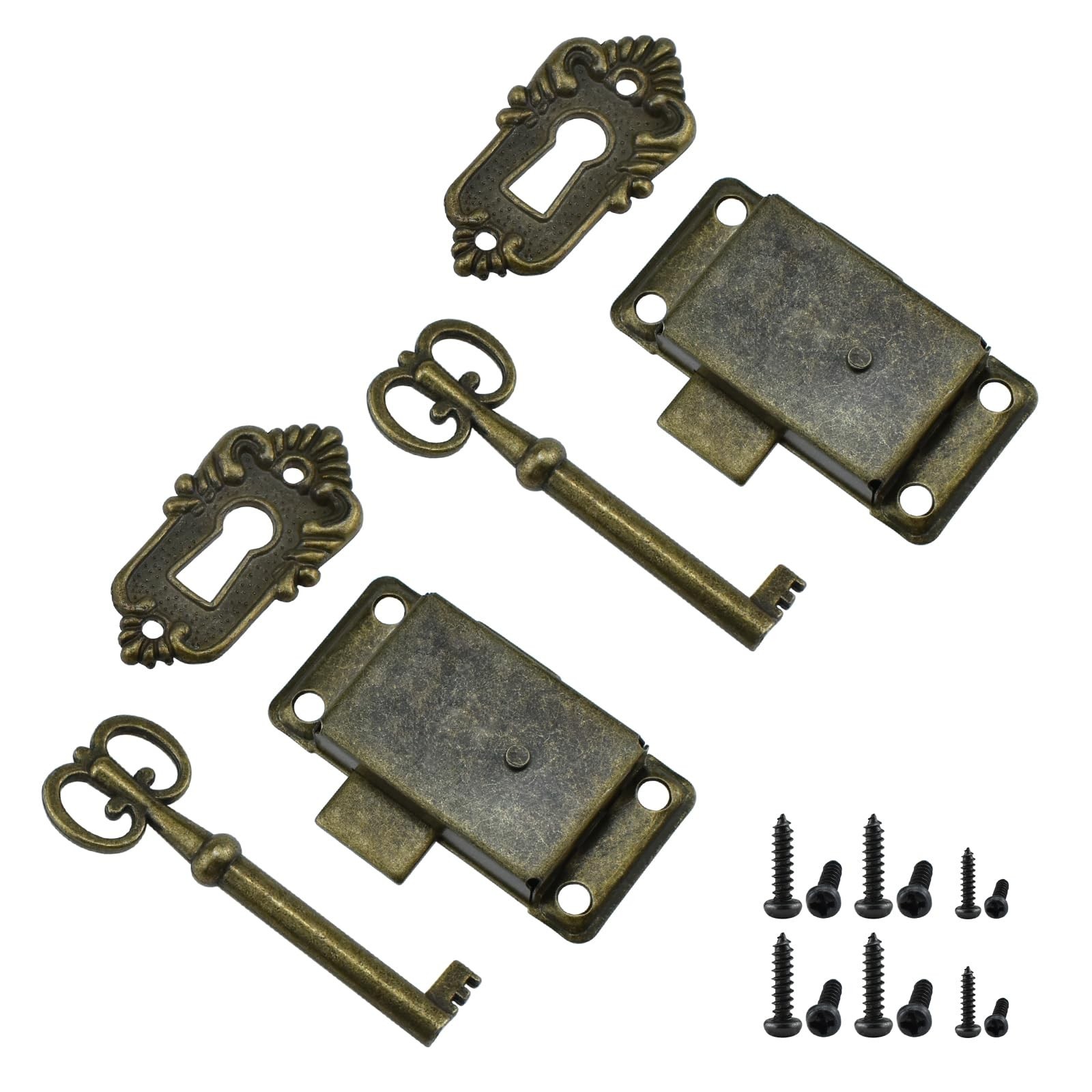 2Pcs Bronze Antique Cabinet Lock, Furniture Decorative Lock with Skeleton Key…