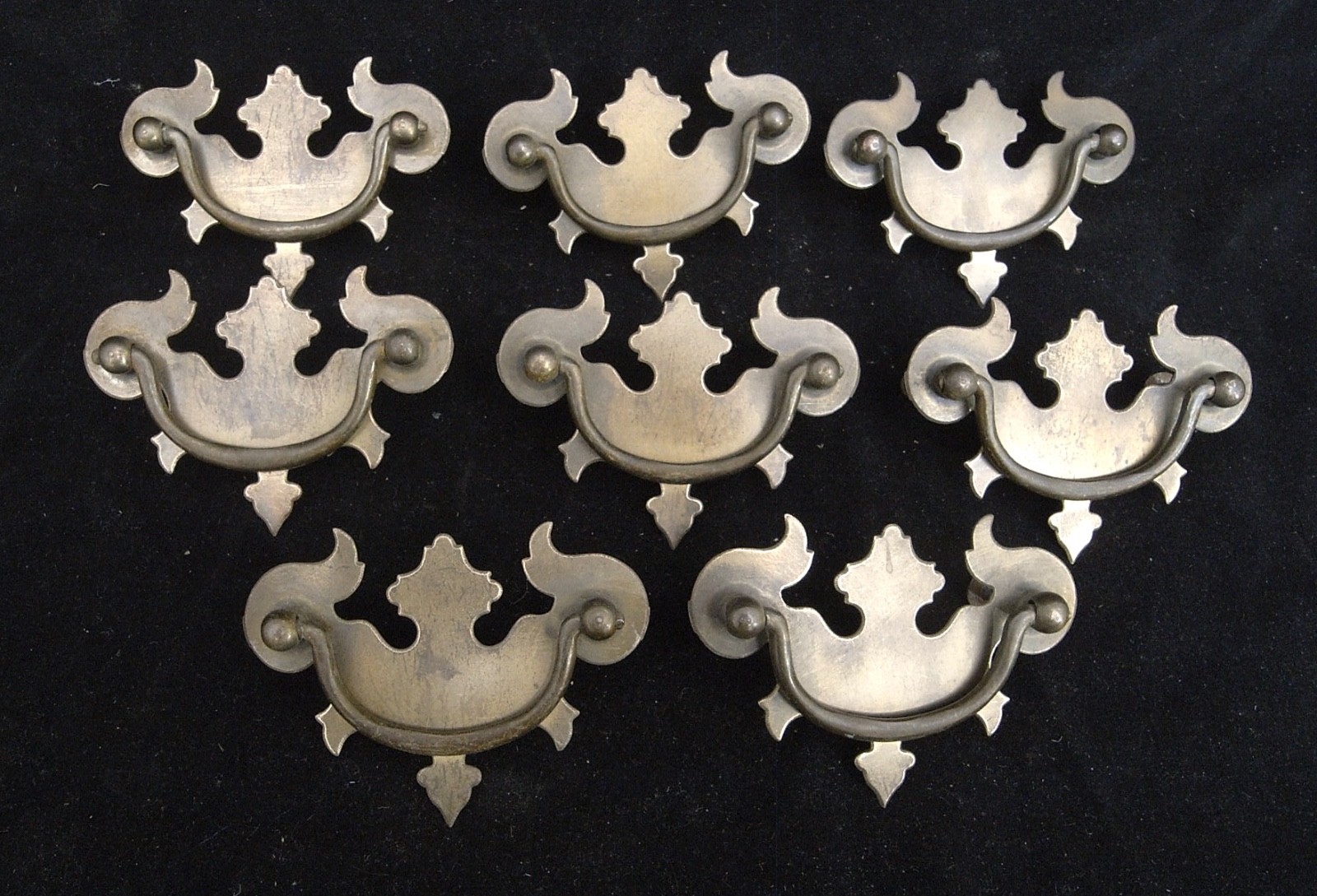 10 CHIPPENDALE STYLE BATWING BRASS TONED DRAWER PULLS in GOOD CONDITION
