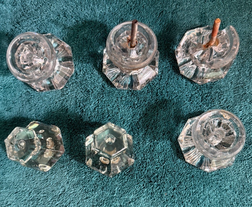 6 small Vintage Clear Glass Cabinet Pulls Knobs Antique 2 Hexagon 4 Octagon
