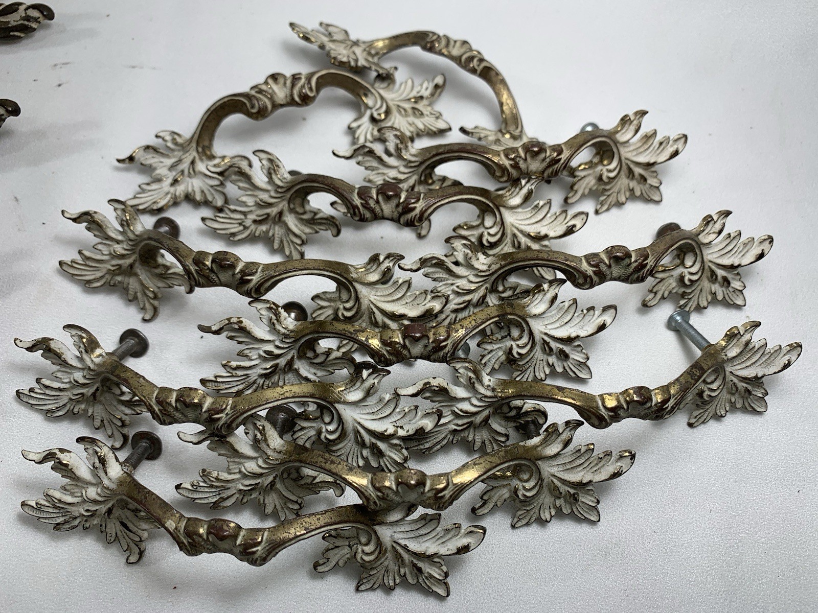 11 Vintage French Provincial Drawer Pulls 3″ centers + 4 Brass & White Coloring