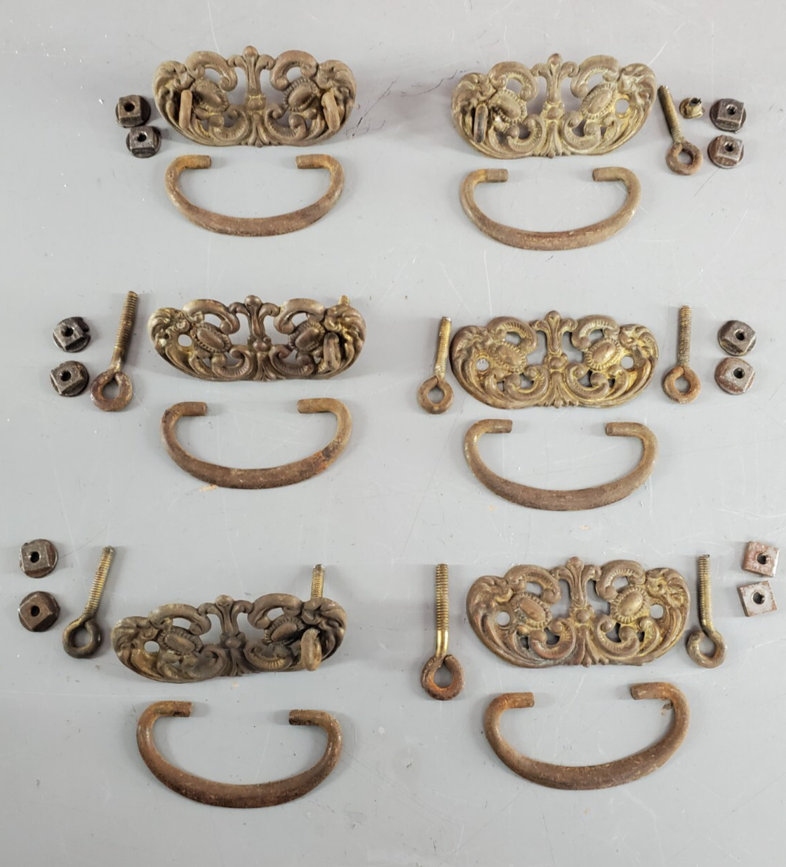 VICTORIAN BRASS DRESSER DROP PULL HANDLES SET LOT 6 ANTIQUE ORNATE DRAWER 1920’s