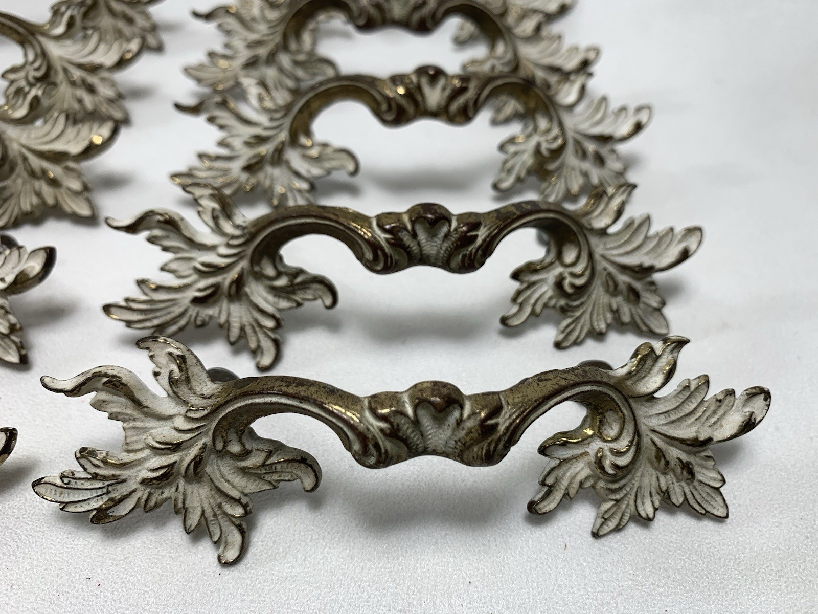 11 Vintage French Provincial Drawer Pulls 3″ centers + 4 Brass & White Coloring