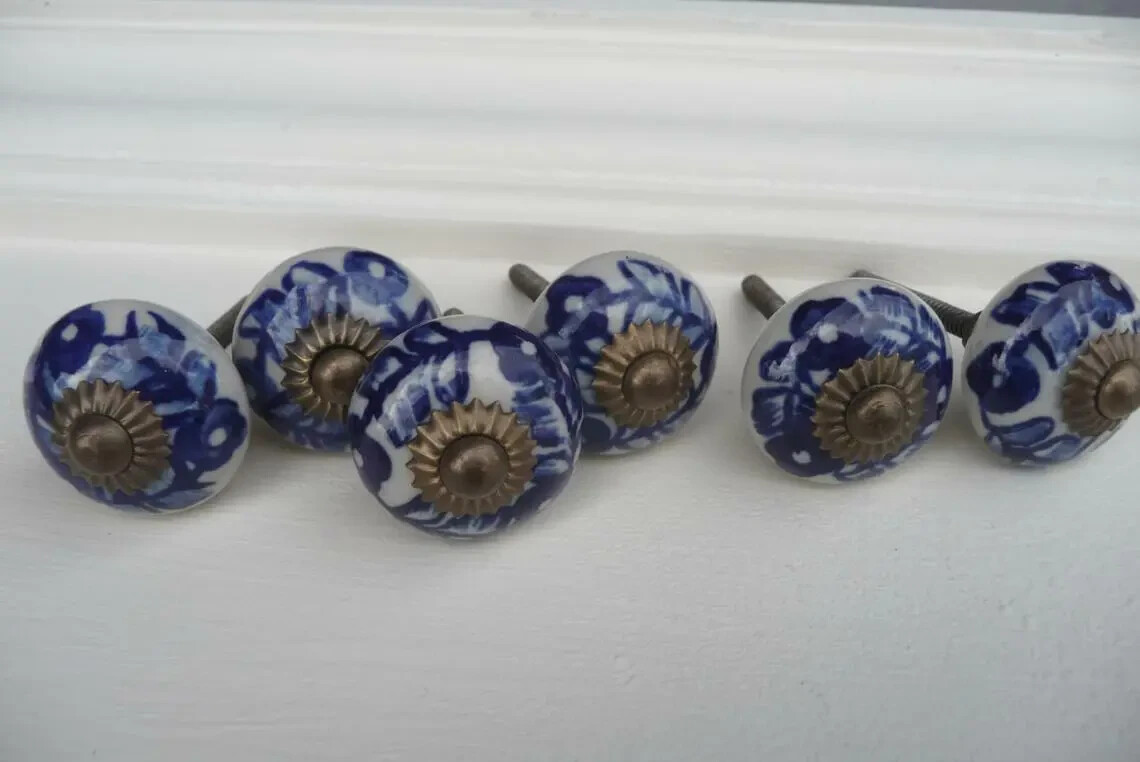 Vintage Antique Drawer Pulls Handles Cobalt Flower Floral Cabinets door Knob