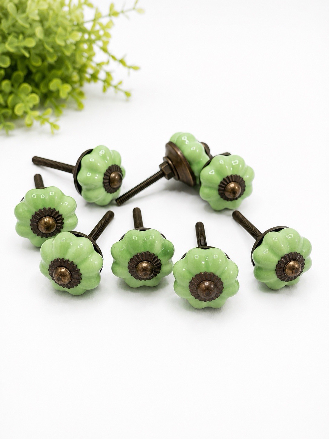 8 Antique Ceramic Drawer Pulls Green Flower Door Kitchen Cabinet Knob