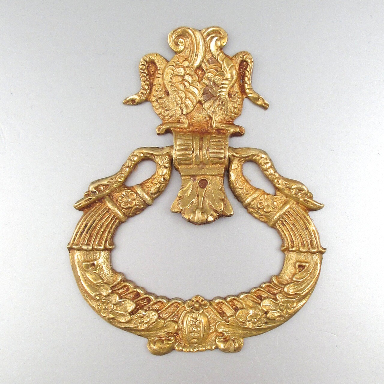 Antique French Gilded Bronze Drawer Pull Ornament, Empire Style, Swan Cornucopia