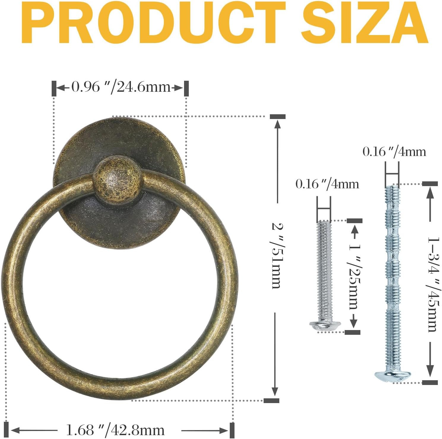 6pcs Antique Brass Drop Ring Drawer Pulls, Vintage Cabinet Ring Handles, Metal D