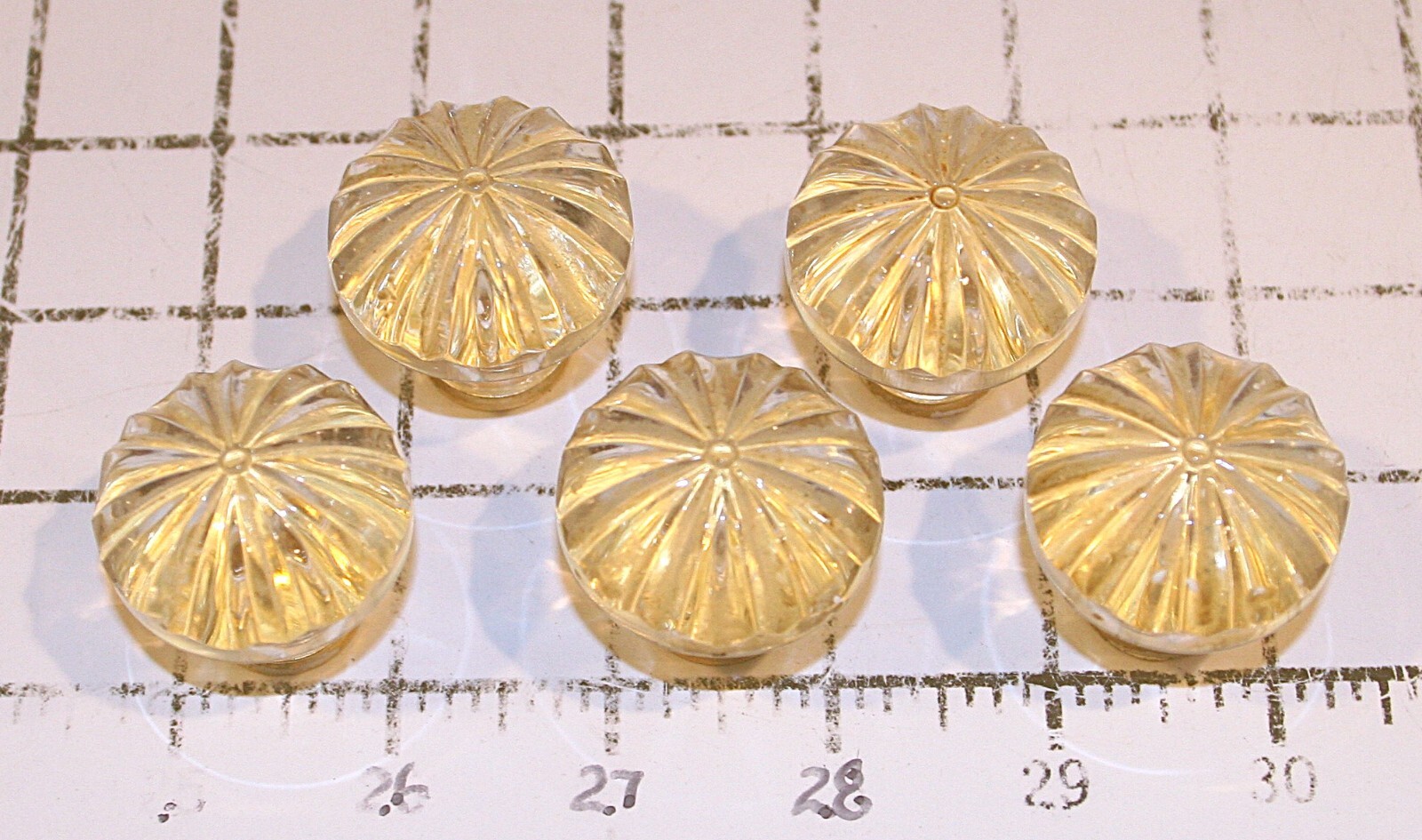 Set/5 Clear Glass Dresser Knobs 1.5” Tall 1.5 wide brass base