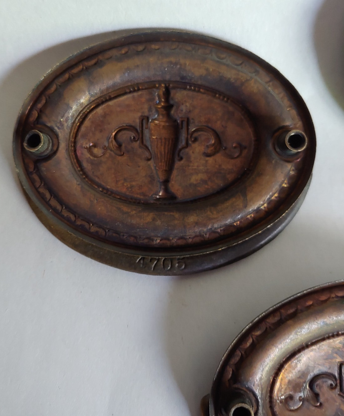 3 VTG/Antique Brass Drop Drawer Pull Oval Backplate Iron Drop Embossed Urn 1920s