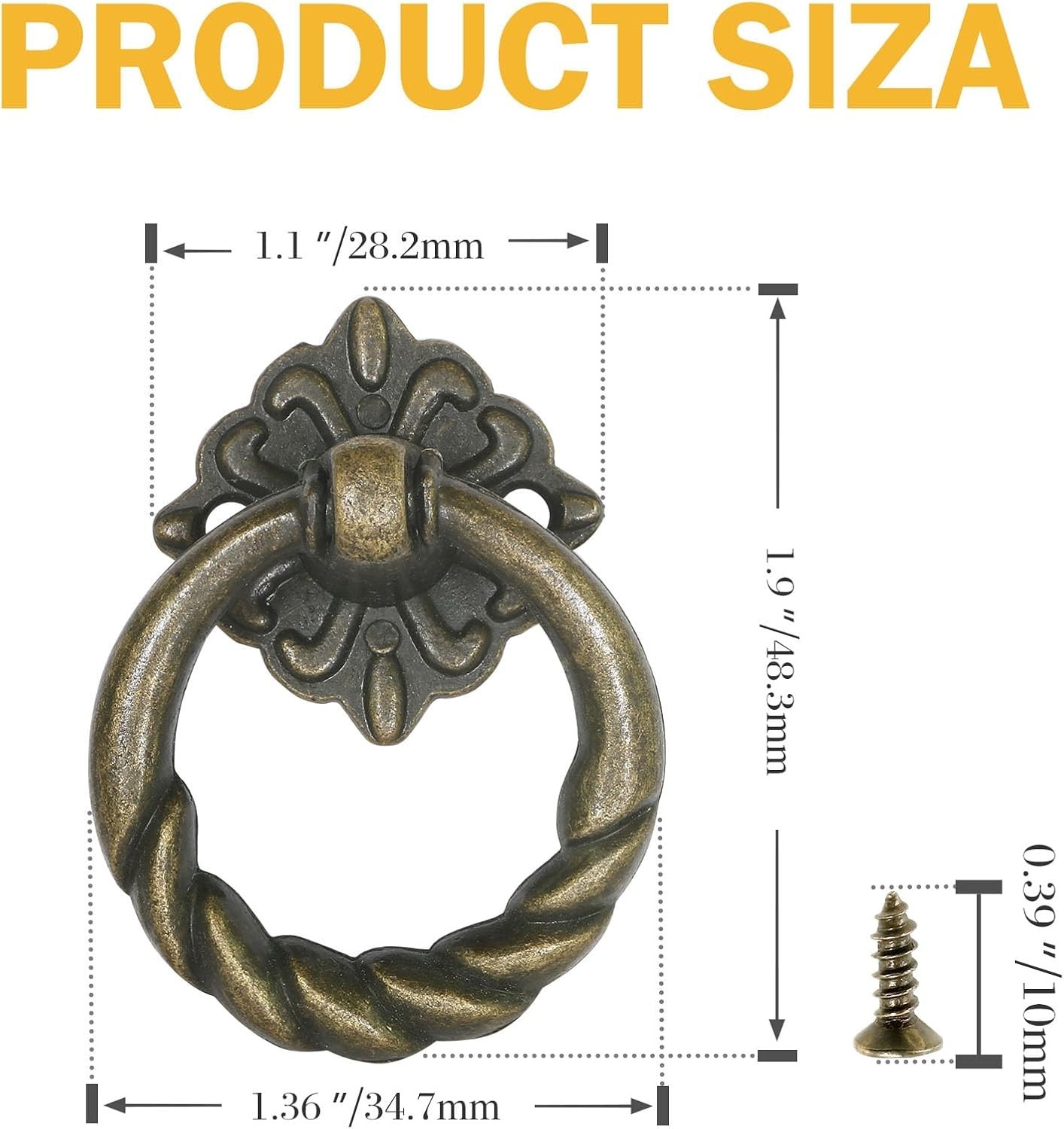 6Pcs Antique Brass Drop Ring Drawer Pulls, Vintage Cabinet Ring Handles, Metal D
