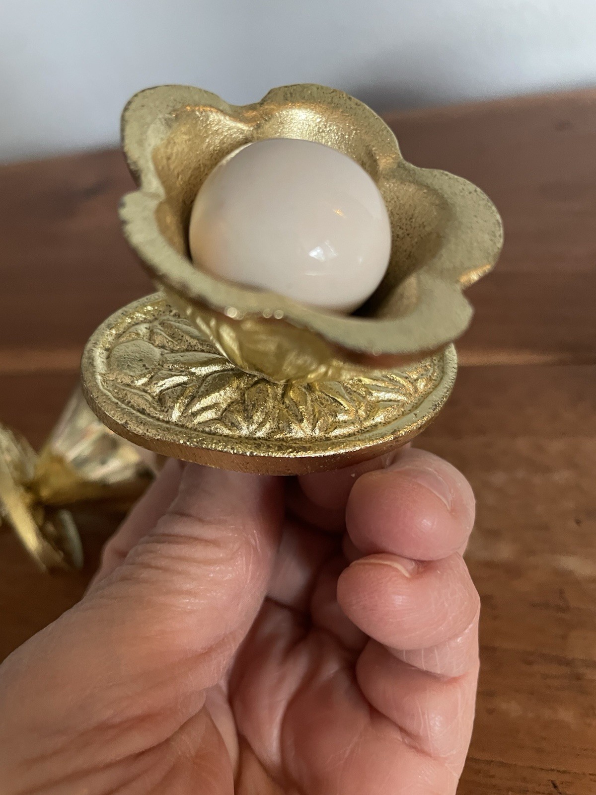 2 Vintage Mid Century Flower Drawer Pulls W/Back Plate Gold/White Ball Center