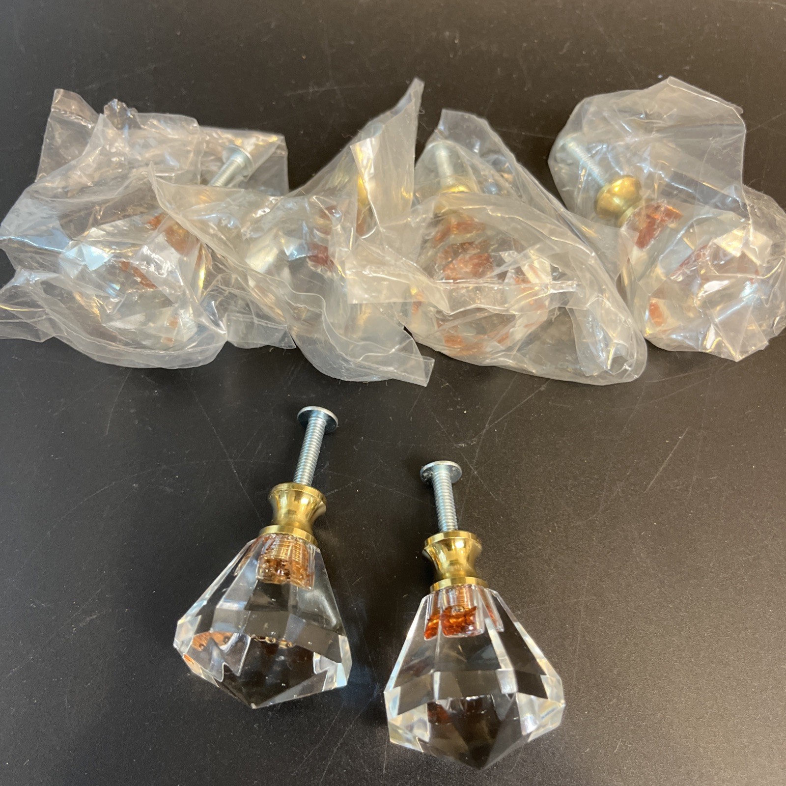 6 Vtg Clear & Amber Glass Diamond Cut Drawer Pulls Knobs 1.5″ Brass Hardware Lot