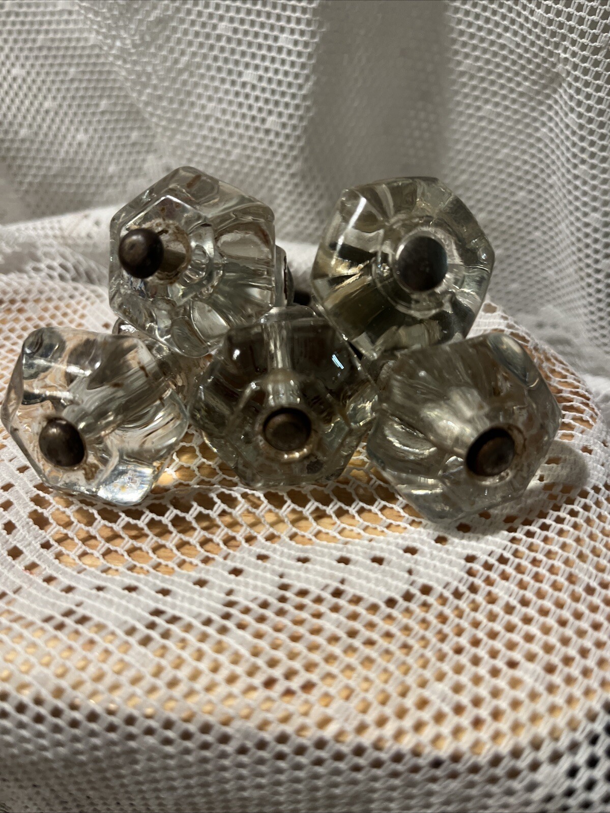 5 Vintage Antique Clear Glass Hexagon Dresser Drawer Cabinet Pulls Knob 1 1/2″