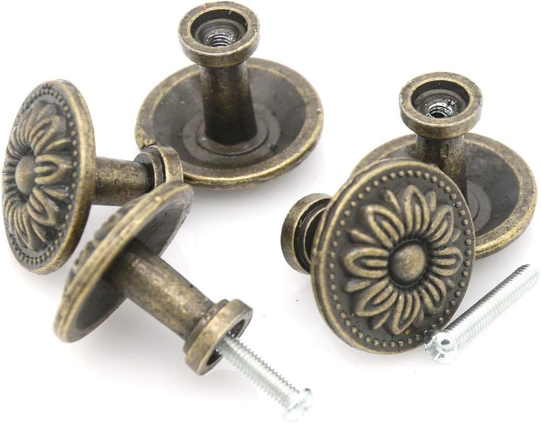 8 PCs Vintage Antique Brass Knobs Handles Pulls with Flower Pattern for Cabinet