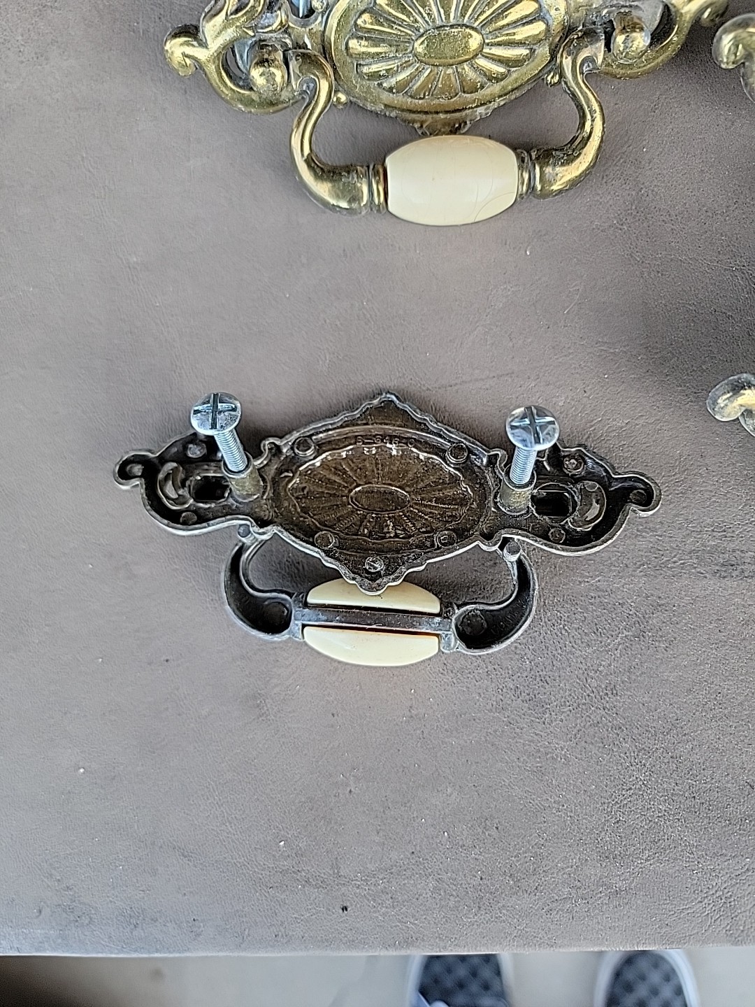 Vintage Brass Hardware Drawer Pulls With Beige Ceramic Center Bead Set Of 8