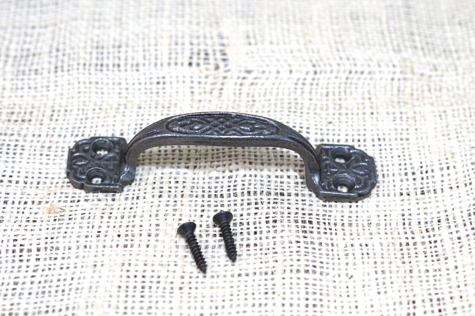 5 Small Drawer Pulls 4 1/4″ Window Antique Vintage Style Ornate Rustic Cast Iron