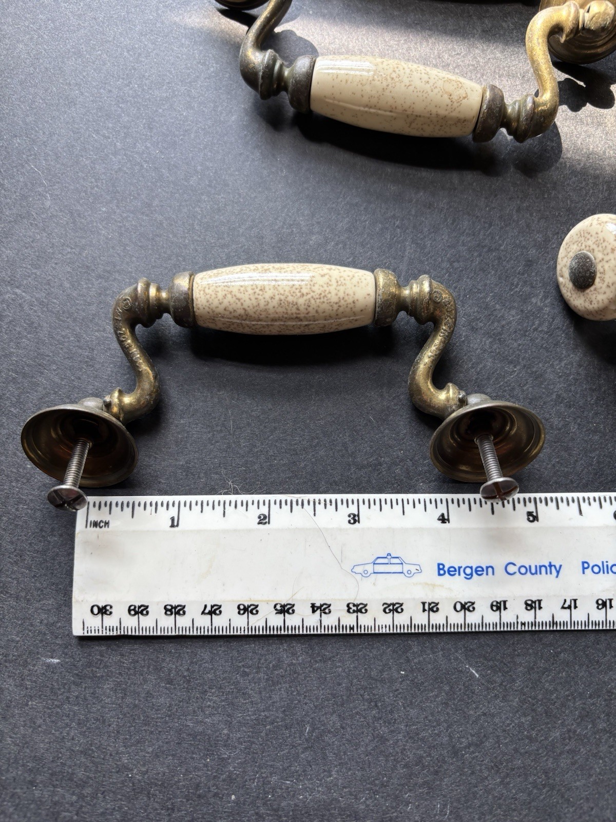 Brass And Porcelain Drawer Handles 4 1/2 Inch 6 Handles 3 Knobs Vintage Pulls