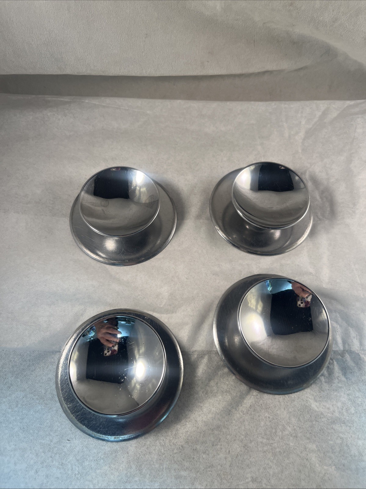 4 Vintage AJAX Shiny Chrome Beveled Concave 2″ Round Knobs & 2.75” Back Plates