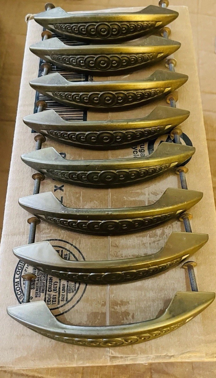 Set 8 Antique Vintage Art Deco Gold Toned Drawer Handle Pulls.