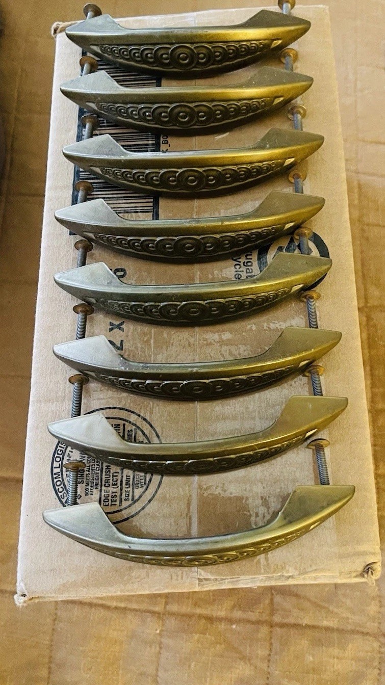 Set 8 Antique Vintage Art Deco Gold Toned Drawer Handle Pulls.
