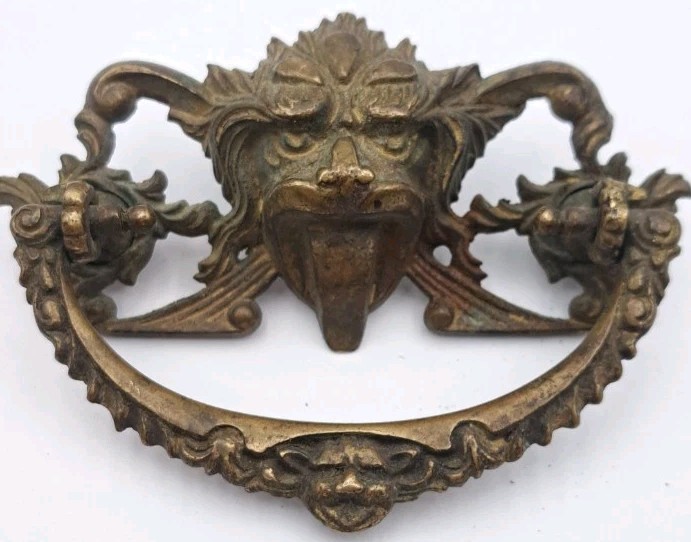 Antique Lion Face Drop Bail Pull Drawer Cabinet Handle Ornate Old Brass Hardware