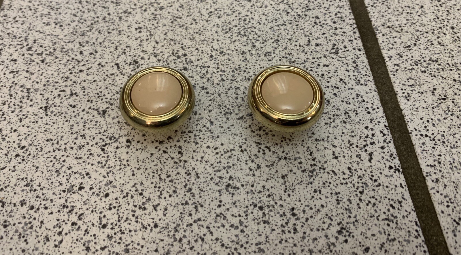 2 Knobs Beige Ceramic Brass Round Pulls Cabinet Drawer Heavy Mid Century Vintage