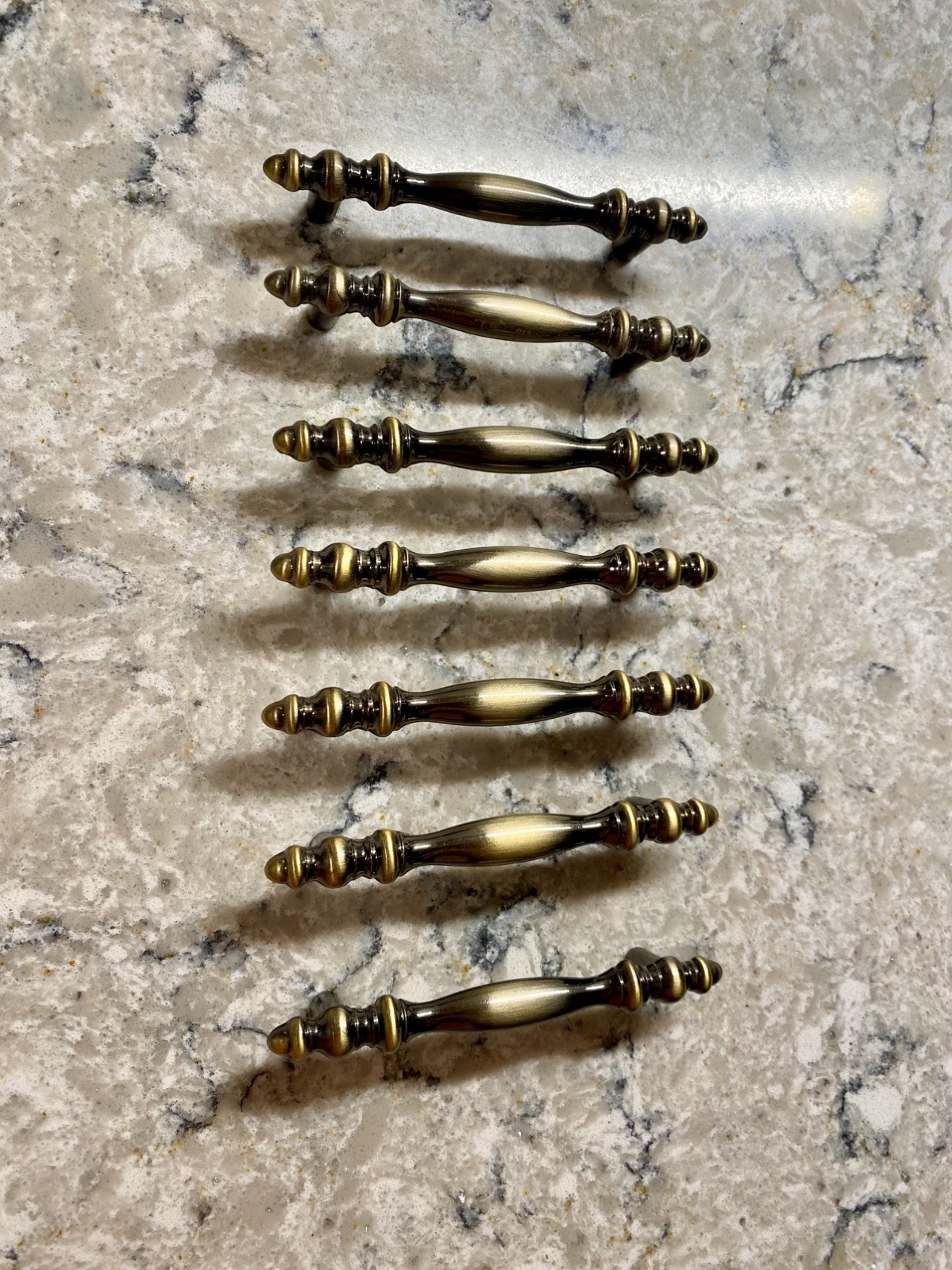 Lot of 7 Traditional Antique Brass Drawer Pulls Bar Handles with Posts
