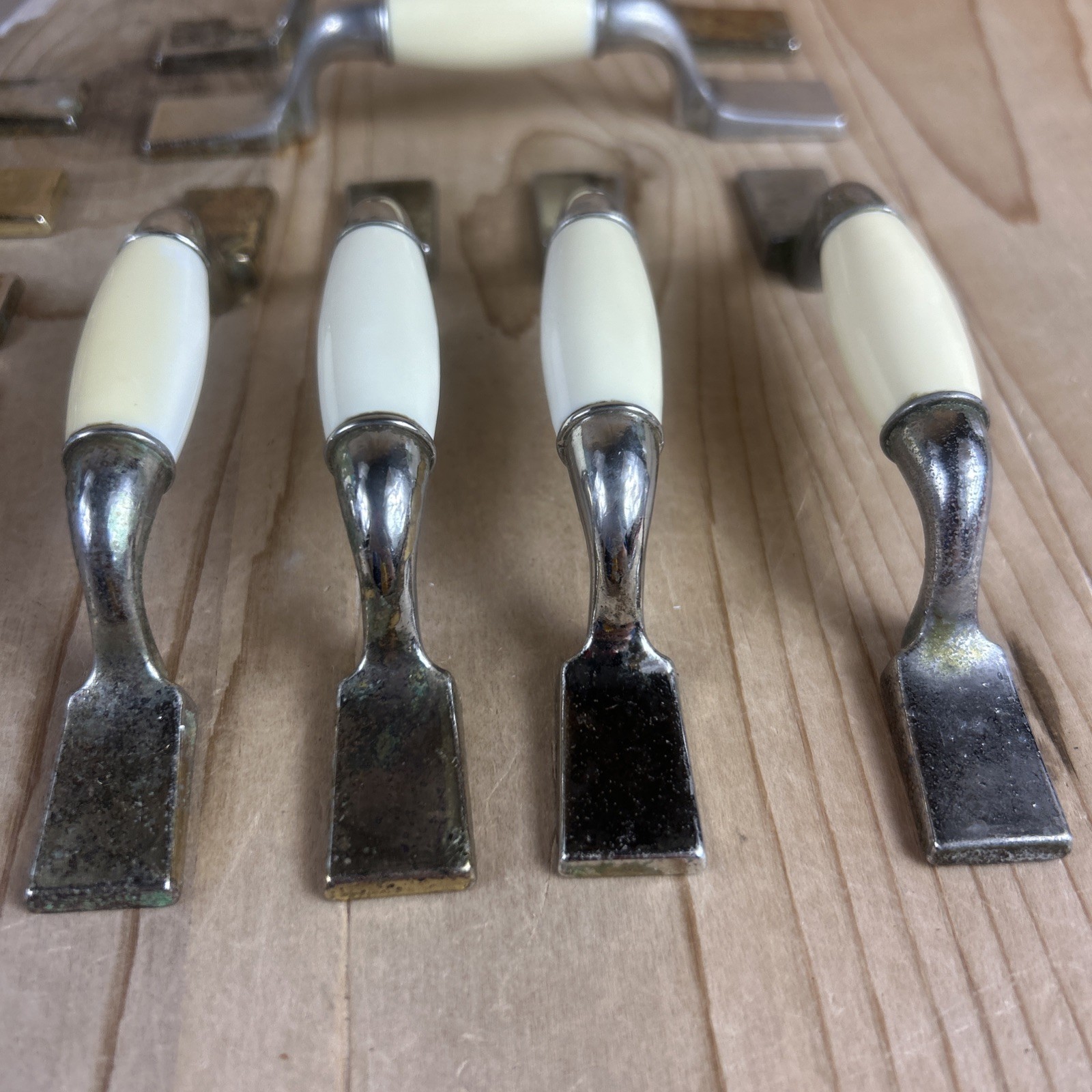 Vintage Drawer Pulls Cabinet Handles Set of 12 Beige Ceramic Center 5.5” Brass
