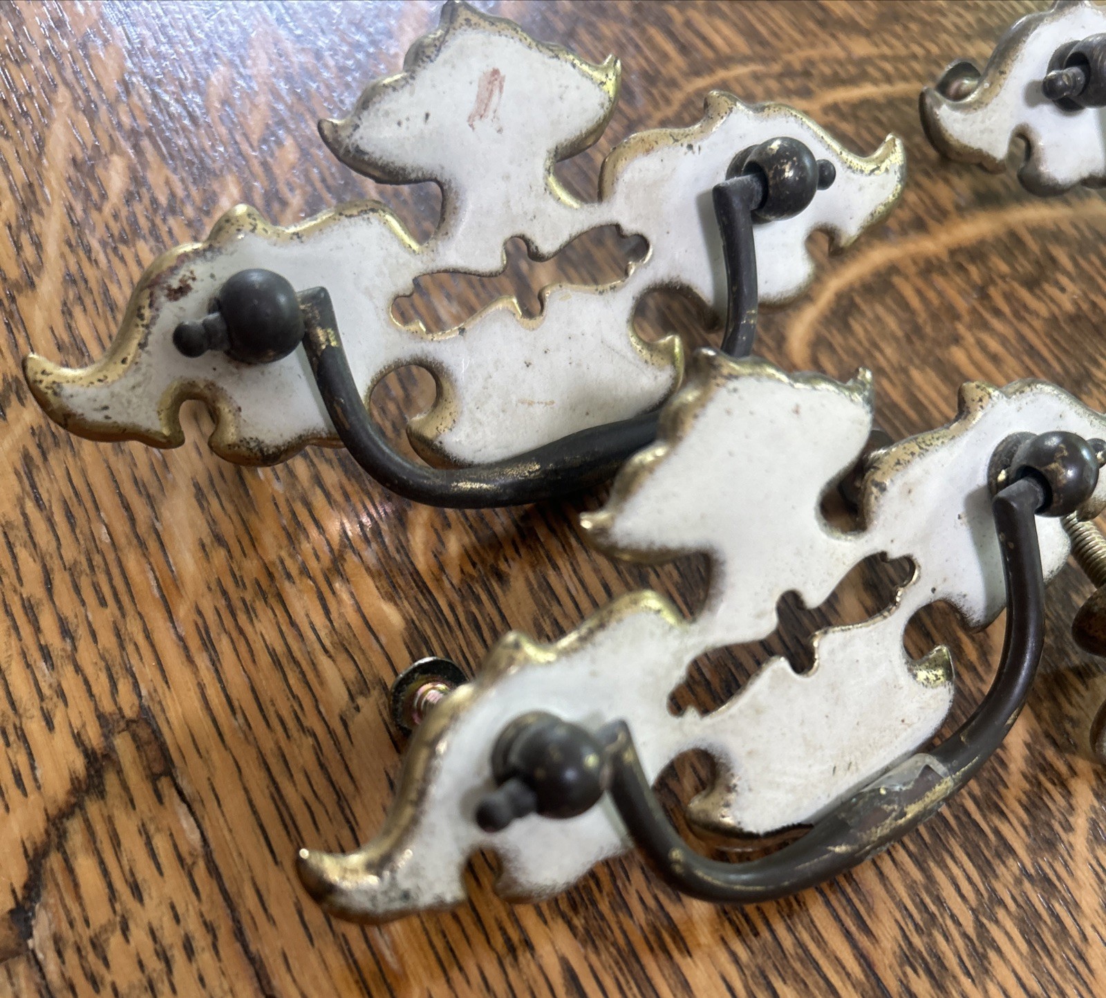 Vintage Pull Handles 2-1/2″ Centers White On Brass 1960s