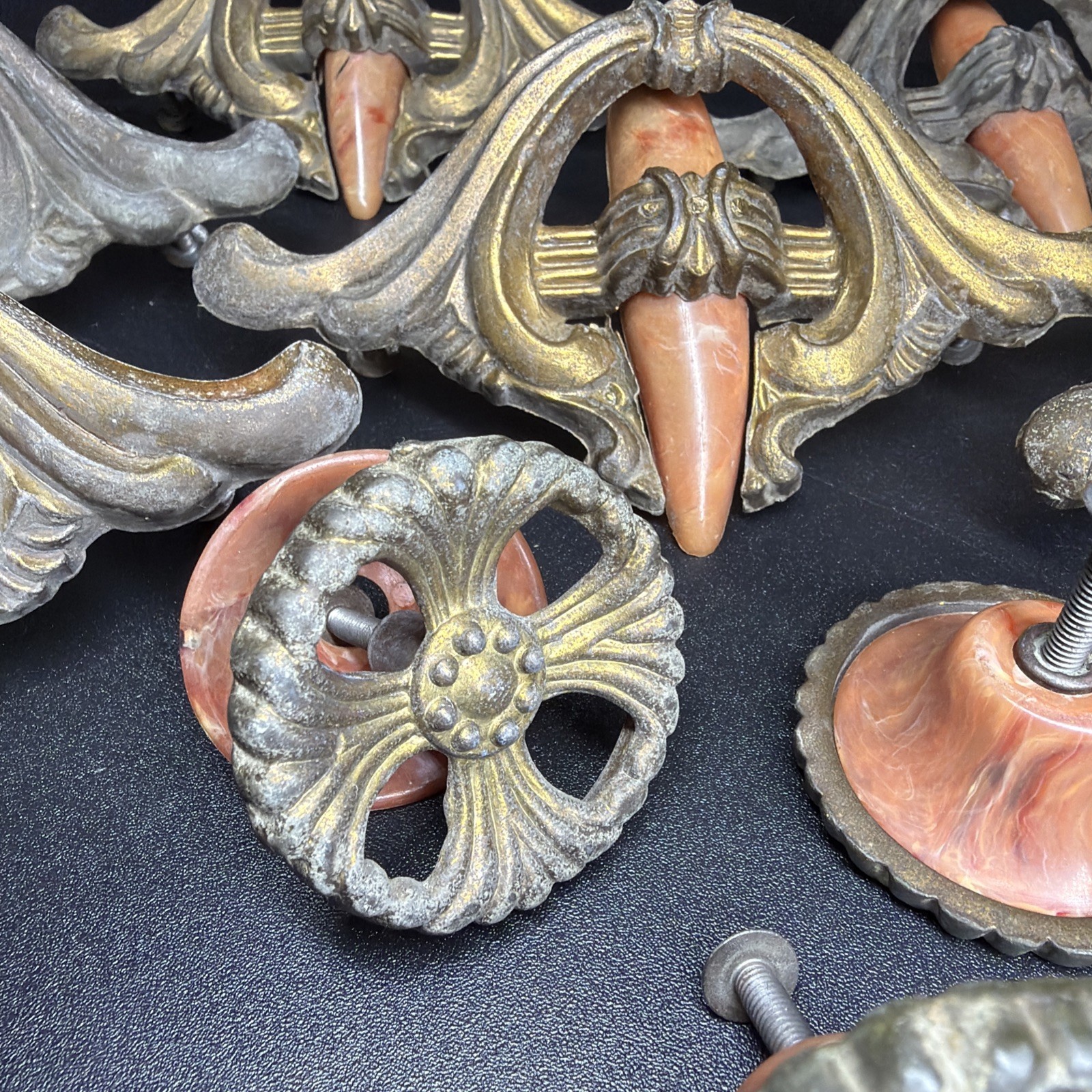 VTG Lot 10 Art Deco Drawer Waterfall Handles Pulls Orange Marble Bakelite Brass