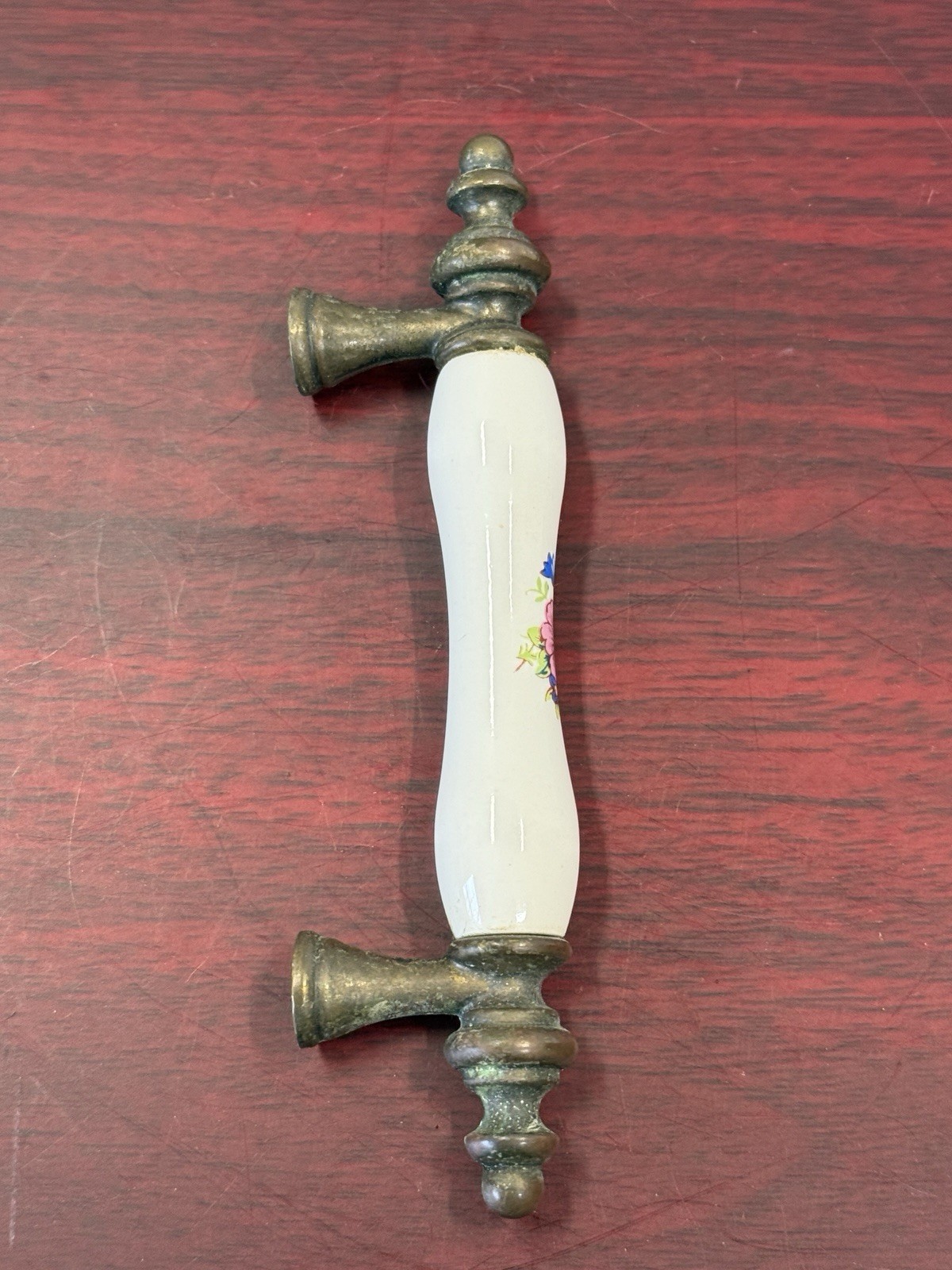 Drawer Pull Handle 1960s Floral on Beige Porcelain w Brass Ends 3″ Centers 2ea