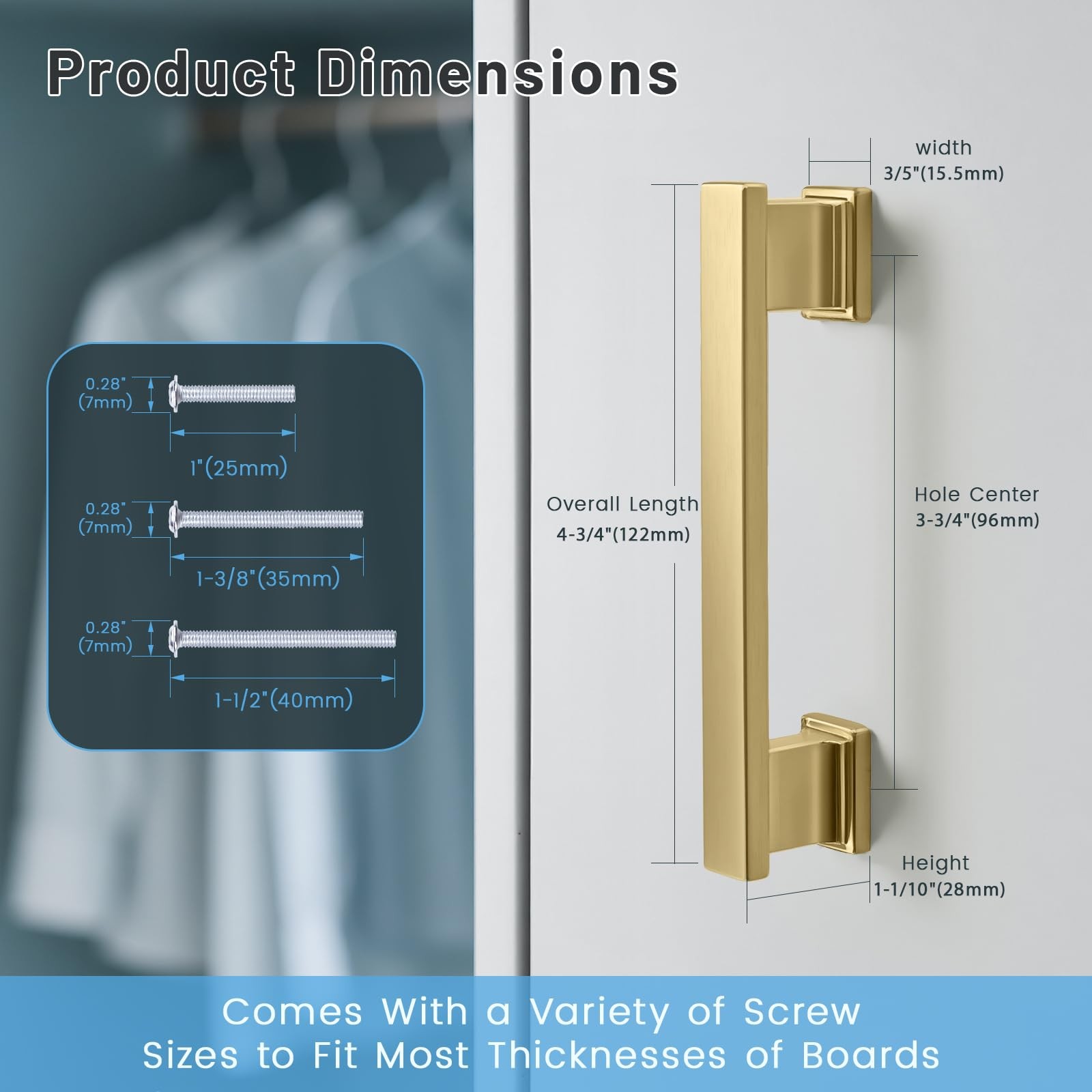 Knobwell 6 Pack Brushed Gold Solid Cabinet Pulls 3-3/4 Inch96Mm Hole Center