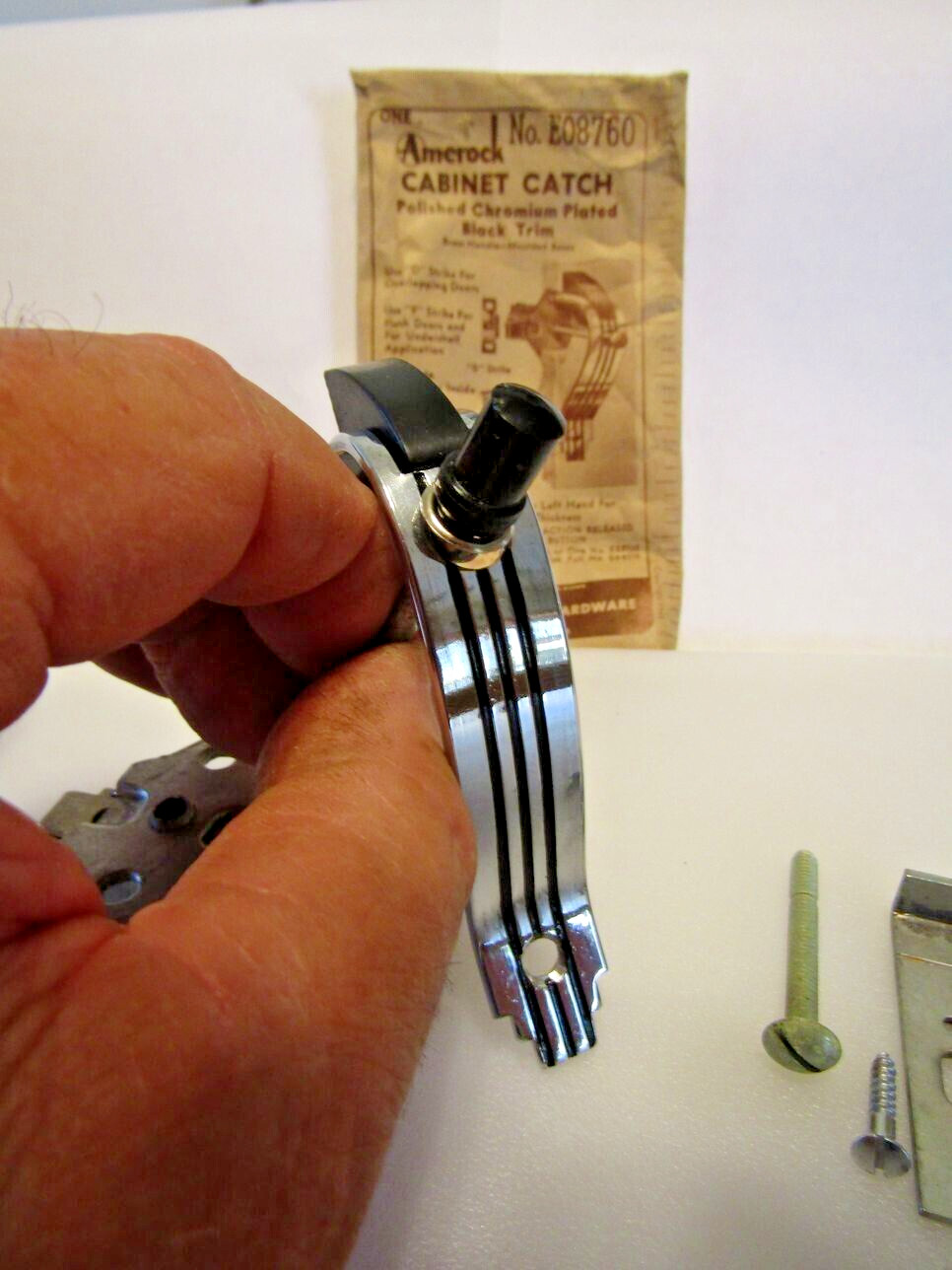 Vtg Nos Chrome Cabinet Door Push Button Latch Pull 3 Black Lines Amerock E08760